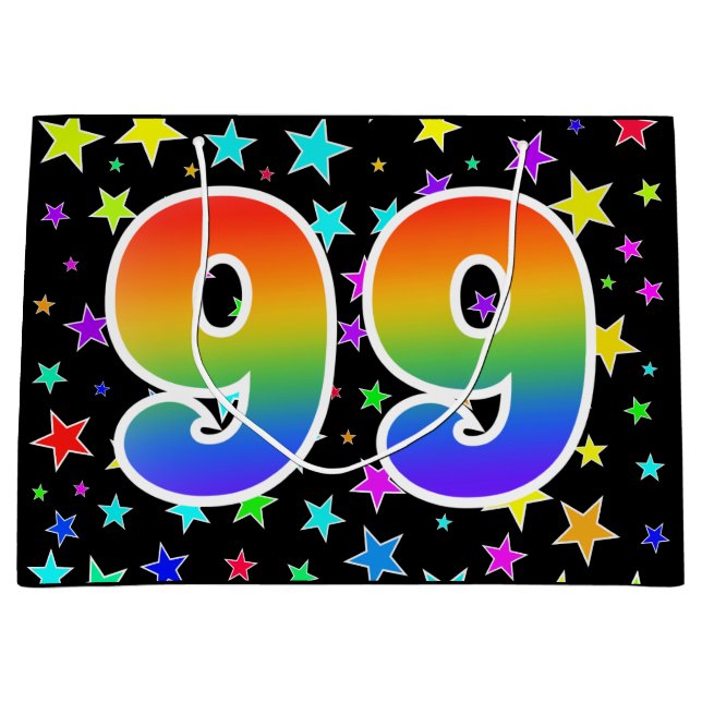 Farbenfrohe Sterne + Regenbogenmuster "99" Event # Große Geschenktüte (Vorderseite)