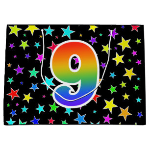 Farbenfrohe Sterne + Regenbogenmuster "9" Event # Große Geschenktüte