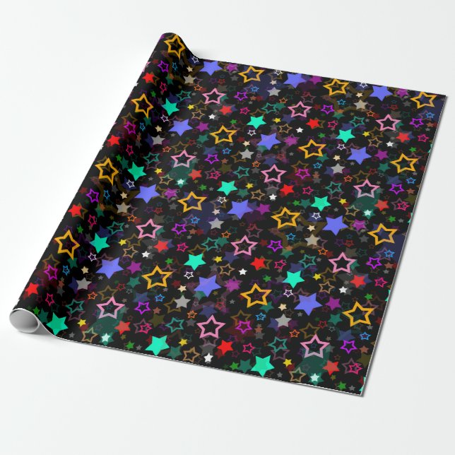 Farbenfrohe Sterne Schwarz  Geschenkpapier (Ungerollt)