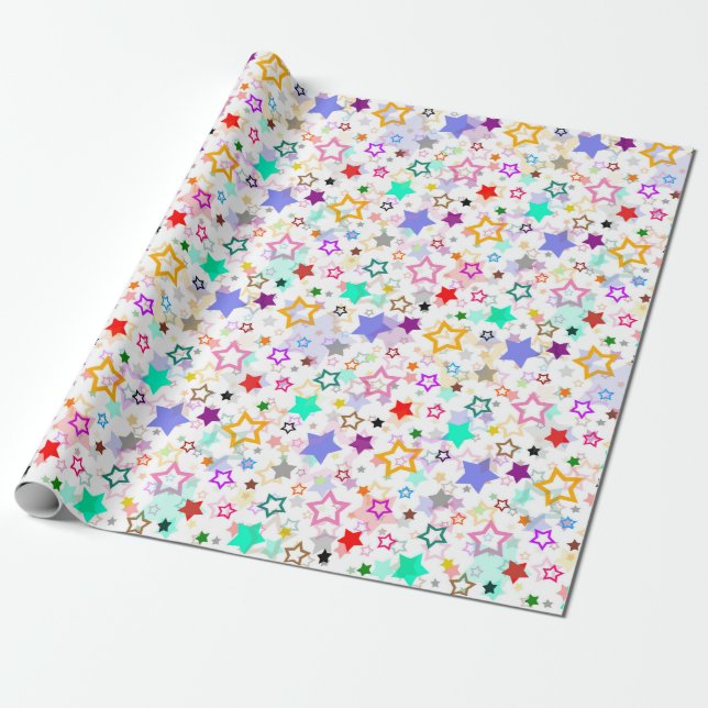 Farbenfrohe Sterne Weiß  Geschenkpapier (Ungerollt)