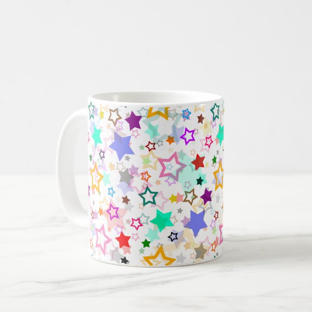 Farbenfrohe Sterne Weiß  Kaffeetasse (Vorderseite Links)