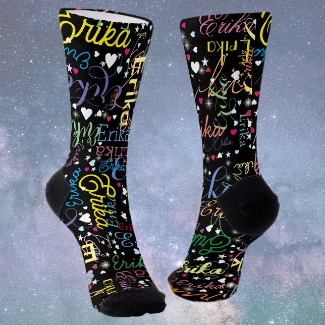 Farbenfrohe Sterne Zuneigung Schwarz voller Herzen Socken (Von Creator hochgeladen)