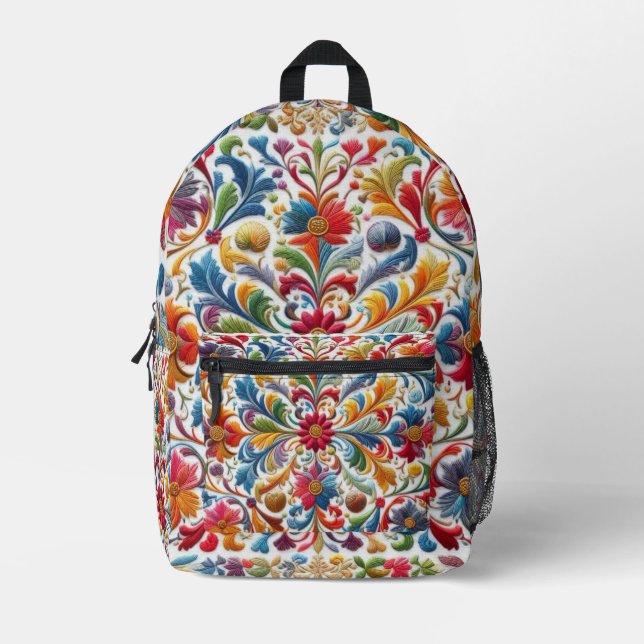 Farbenfrohe Stickerei mit Blick auf Blumendesign Bedruckter Rucksack (Vorderseite)