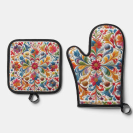 Farbenfrohe Stickerei mit Blick auf Blumendesign Ofenhandschuh & Topflappen-Set