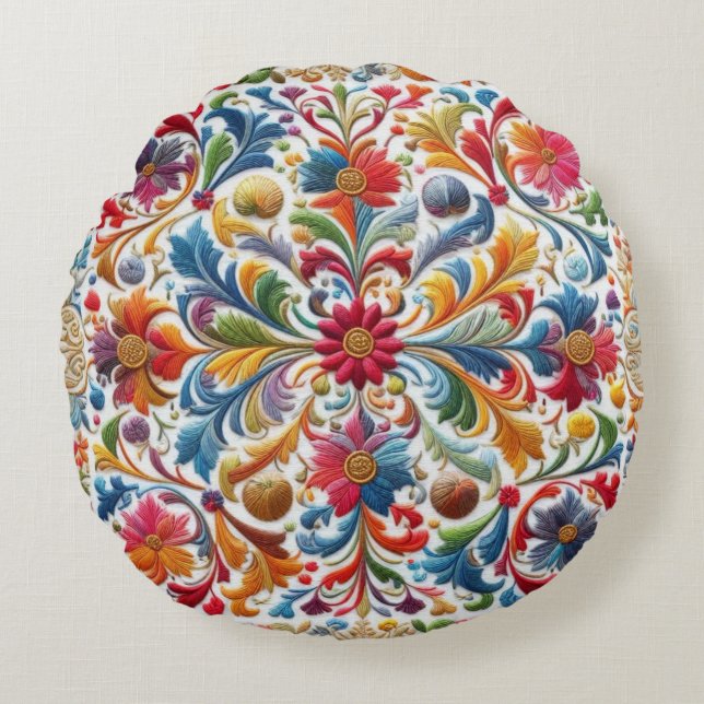 Farbenfrohe Stickerei mit Blick auf Blumendesign Rundes Kissen (Vorderseite)