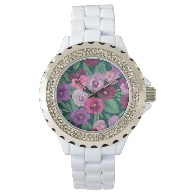Farbenfrohe Stiefmütterchen auf dunkelgrünblau Armbanduhr (Vorderseite)