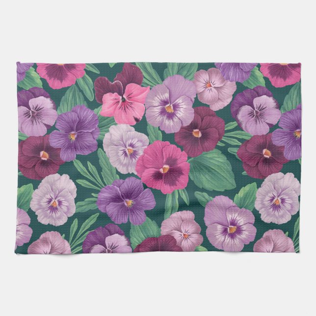 Farbenfrohe Stiefmütterchen auf dunkelgrünblau Geschirrtuch (Horizontal)