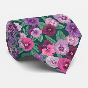 Farbenfrohe Stiefmütterchen auf dunkelgrünblau Krawatte