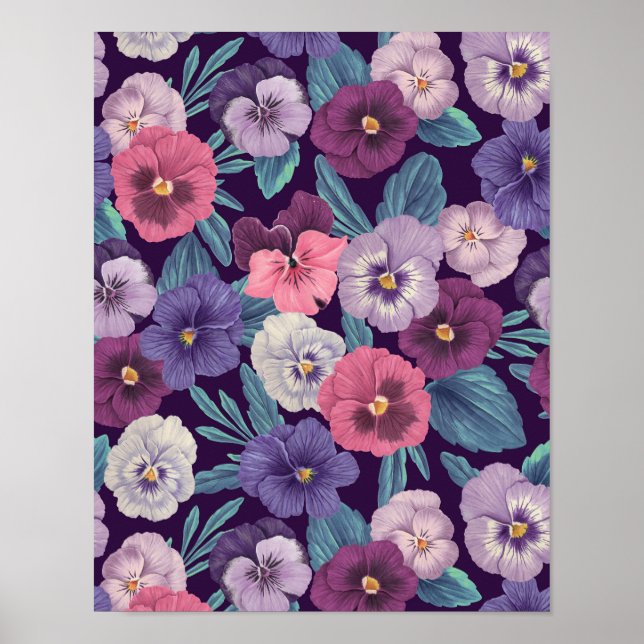 Farbenfrohe Stiefmütterchen auf tiefviolett Poster (Vorne)