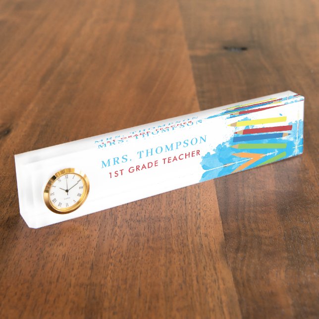 Farbenfrohe Stifte Personalisiert Lehrer Namensplakette (Seite)