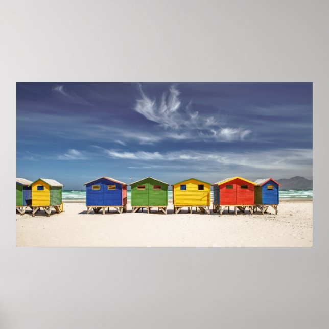 Farbenfrohe Strandhäuser | Muizenberg, Südafrika Poster (Vorne)