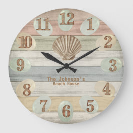 Farbenfrohe Strandholz Nautical Stripes & Seashell Große Wanduhr