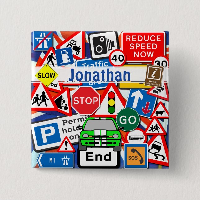 Farbenfrohe Straßenschilder und Automobil, Individ Button (Vorderseite)