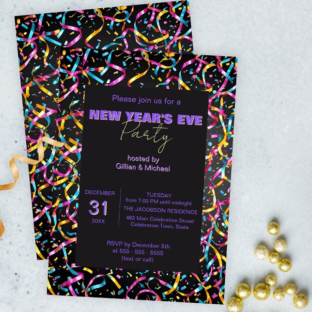 Farbenfrohe Streamer und Confetti Neujahrsfest-Par Einladung (Von Creator hochgeladen)