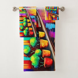 Farbenfrohe Street Scene Art Badhandtuch Set