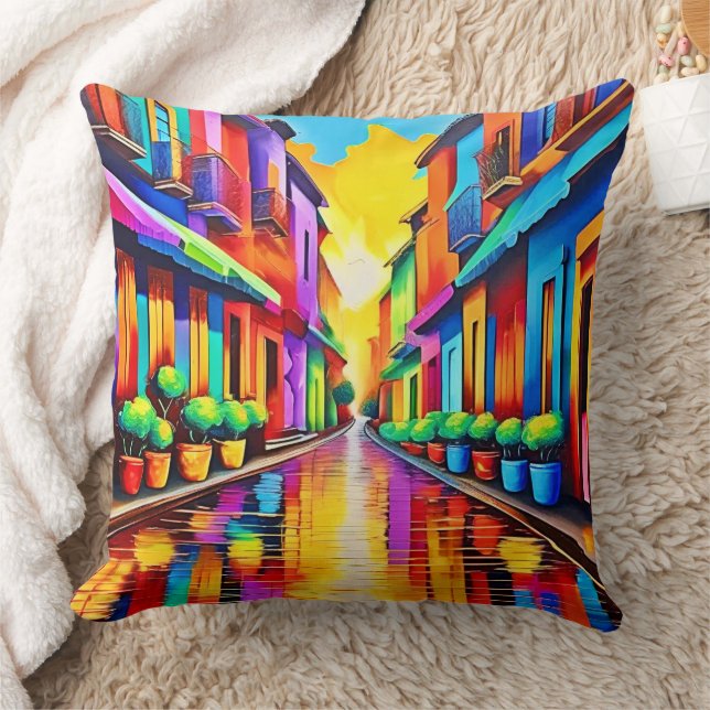 Farbenfrohe Street Scene Art Kissen (Decke)