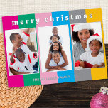 Farbenfrohe Streifen 3 Foto Collage Frohe Weihnach Folien Feiertagskarte<br><div class="desc">Mit dieser farbenfrohen Weihnachtskarte können Sie Ihren Freunden und Ihrer Familie einen fröhlichen blüh schenken. Auf einem hell gestreiften Hintergrund zeigt die Karte drei Ihrer liebsten Fotos in einem Galerieeffekt an. Oben ist der Gruß "Frohe Weihnachten" in Kleinbuchstaben mit einem coolen Retro-Auftritt. Passen Sie den Text unter den Fotos mit...</div>