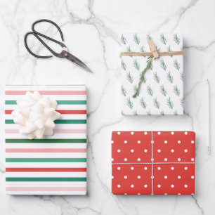 Farbenfrohe Streifen Dots und Pine Weihnachtsfeier Geschenkpapier Set