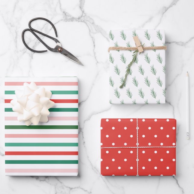 Farbenfrohe Streifen Dots und Pine Weihnachtsfeier Geschenkpapier Set (Vorderseite)
