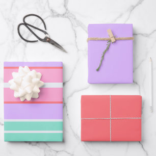 Farbenfrohe Streifen, Korallenrosa und Mauve Gebur Geschenkpapier Set