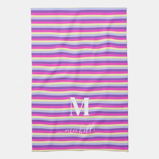 Farbenfrohe Streifen mit Monogramm-Schrift  Geschirrtuch (Vertikal)