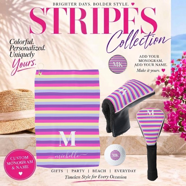 Farbenfrohe Streifen mit Monogramm Schrift Golf Headcover (stripes collection purple pink yellow and blue monogram and script golf )