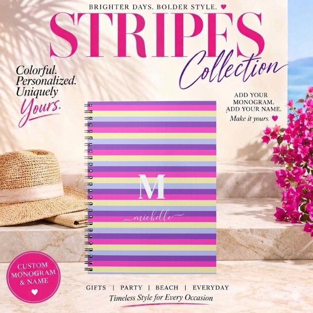 Farbenfrohe Streifen mit Monogramm Schrift  Planer (Colorful Stripes Collection -Monogram and Script-Purple Pink Yellow and Blue)