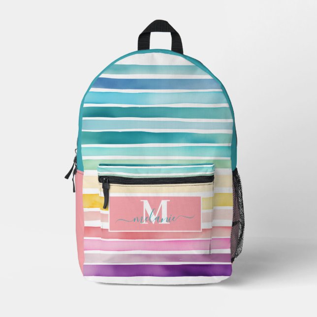 Farbenfrohe Streifen Rainbow Custom Monogram Name Bedruckter Rucksack (Vorderseite)