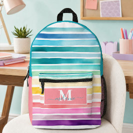 Farbenfrohe Streifen Rainbow Custom Monogram Name Bedruckter Rucksack