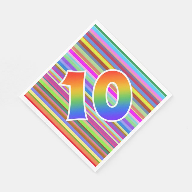 Farbenfrohe Streifen + Regenbogenmuster "10" Ereig Serviette (Ecke)