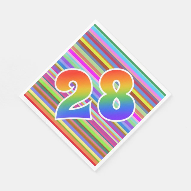 Farbenfrohe Streifen + Regenbogenmuster "28" Event Serviette (Ecke)