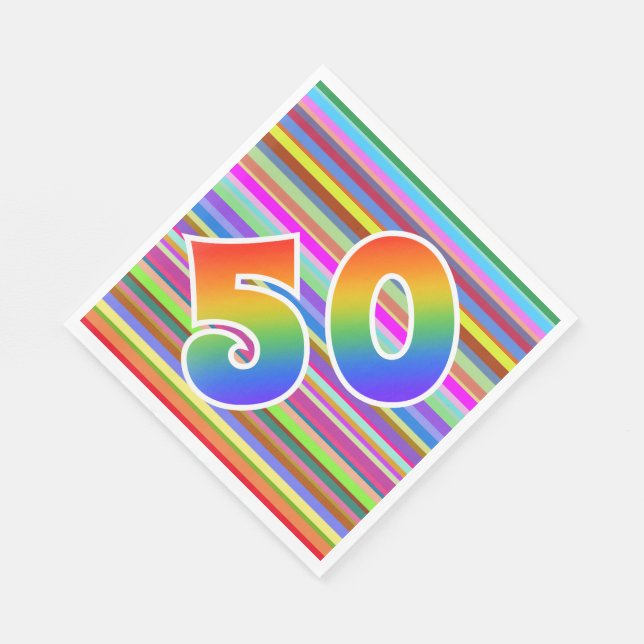 Farbenfrohe Streifen + Regenbogenmuster "50" Event Serviette (Ecke)