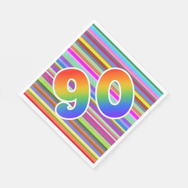 Farbenfrohe Streifen + Regenbogenmuster "90" Event Serviette (Ecke)
