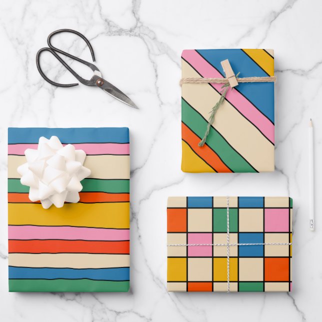 Farbenfrohe Streifen und Karos Geschenkpapier Set (Vorderseite)