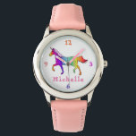 Farbenfrohe Streifen Unicorn mit Namen personaliza Armbanduhr<br><div class="desc">Diese Uhr hat einen schönen Regenbogen und buntes Einhorn mit bunten Streifen. Dieses Einhorn ist speziell für Mädchen,  die Märchen und Einhörnchen mögen. Sie können die Uhr personalisieren,  indem Sie den Namen ändern. Großartig als das personalisierte Geschenk für Mädchen.</div>