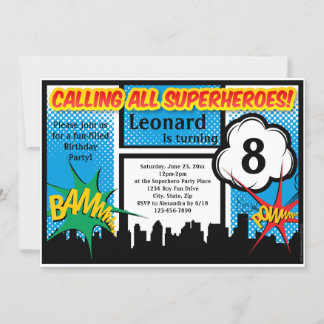 Farbenfrohe Superhero Comic Boy's Geburtstagsparty Einladung