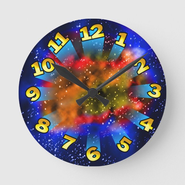 Farbenfrohe Supernova mit fliegenden Zahlen Runde Wanduhr (Vorderseite)
