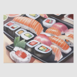 Farbenfrohe Sushi auf schwarzem Platter Seidenpapier