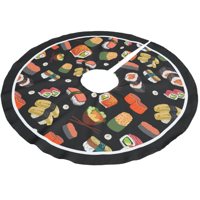 Farbenfrohe Sushi-Küche Weihnachten Polyester Weihnachtsbaumdecke (Schrägansicht)