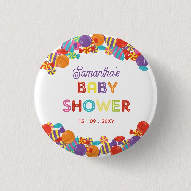 Farbenfrohe Sweet Fun Candy Baby Dusche Button (Vorderseite)