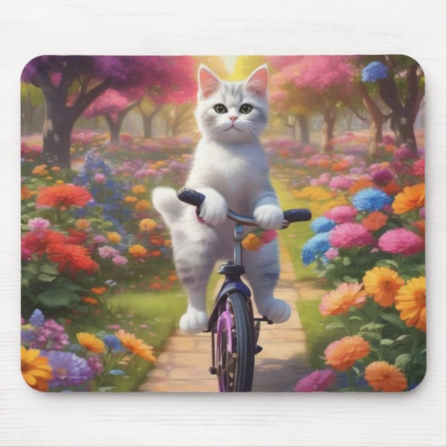 Farbenfrohe Szene mit Cat on Bicycle Mouse Pad Mousepad (Vorne)