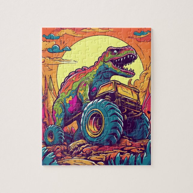Farbenfrohe T-Rex Dinosaurier Monster Truck Puzzle (Vertikal)