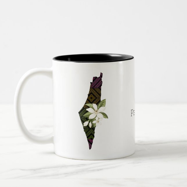 Farbenfrohe Tatreez Karte Palästina Zweifarbige Tasse (Links)
