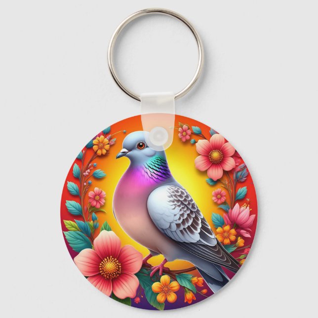 Farbenfrohe Taube umgeben von lebhaften Blume Schlüsselanhänger (Vorderseite)