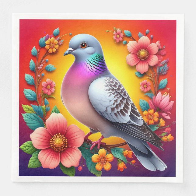 Farbenfrohe Taube umgeben von lebhaften Blume Serviette (Vorderseite)
