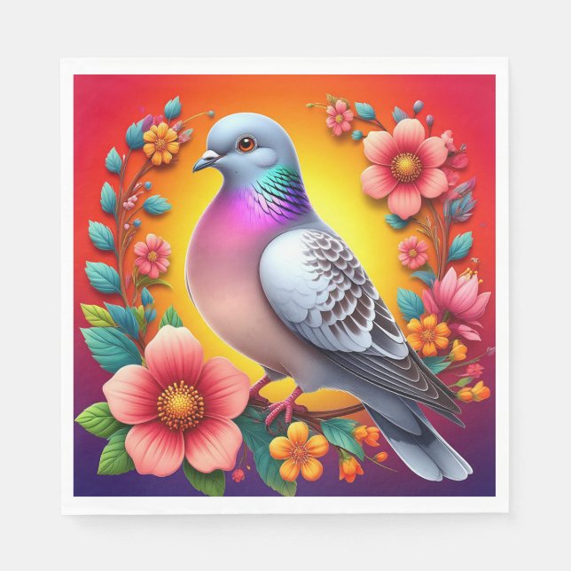 Farbenfrohe Taube umgeben von lebhaften Blume Serviette (Vorderseite)