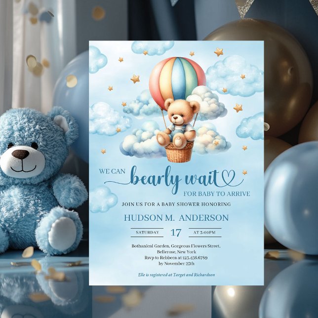 Farbenfrohe Teddybär warten Boy Baby Dusche Einladung (we can bearly wait boy baby shower invitation with teddy bear)