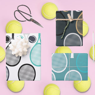 Farbenfrohe Tennisball-Racket-Muster Spielergesche Geschenkpapier Set