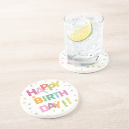 Farbenfrohe Text Confetti und Sterne glücklich zum Getränkeuntersetzer