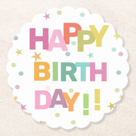 Farbenfrohe Text Confetti und Sterne glücklich zum Untersetzer